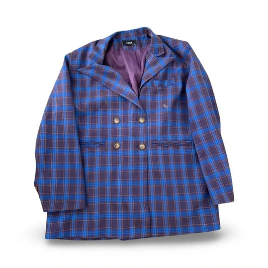 Cider Blue Plaid Tartan Buttoned Oversized Blazer Coat