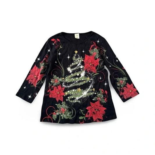 Jess and Jane Christmas Tree Patterned Graphic Black Long Sleeve Blouse Top